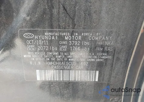 2012 Hyundai Elantra Limited (Ulsan Plant) from USA, damaged, VIN KMHDH4AE5CU316692